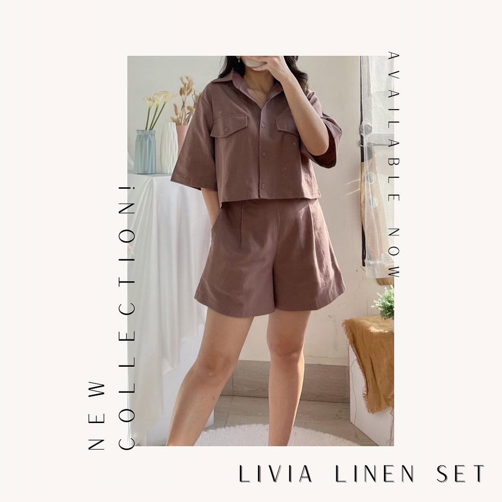 Livia Linen Set Atasan Kemeja Lengan Pendek dan Celana Pendek Bahan Katun Linen Casual Wear