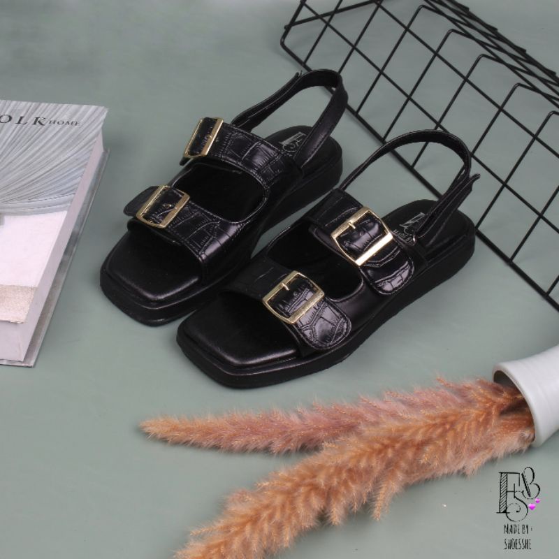 Fsb - Gania Croco Black Sendal Tali Wanita Platform