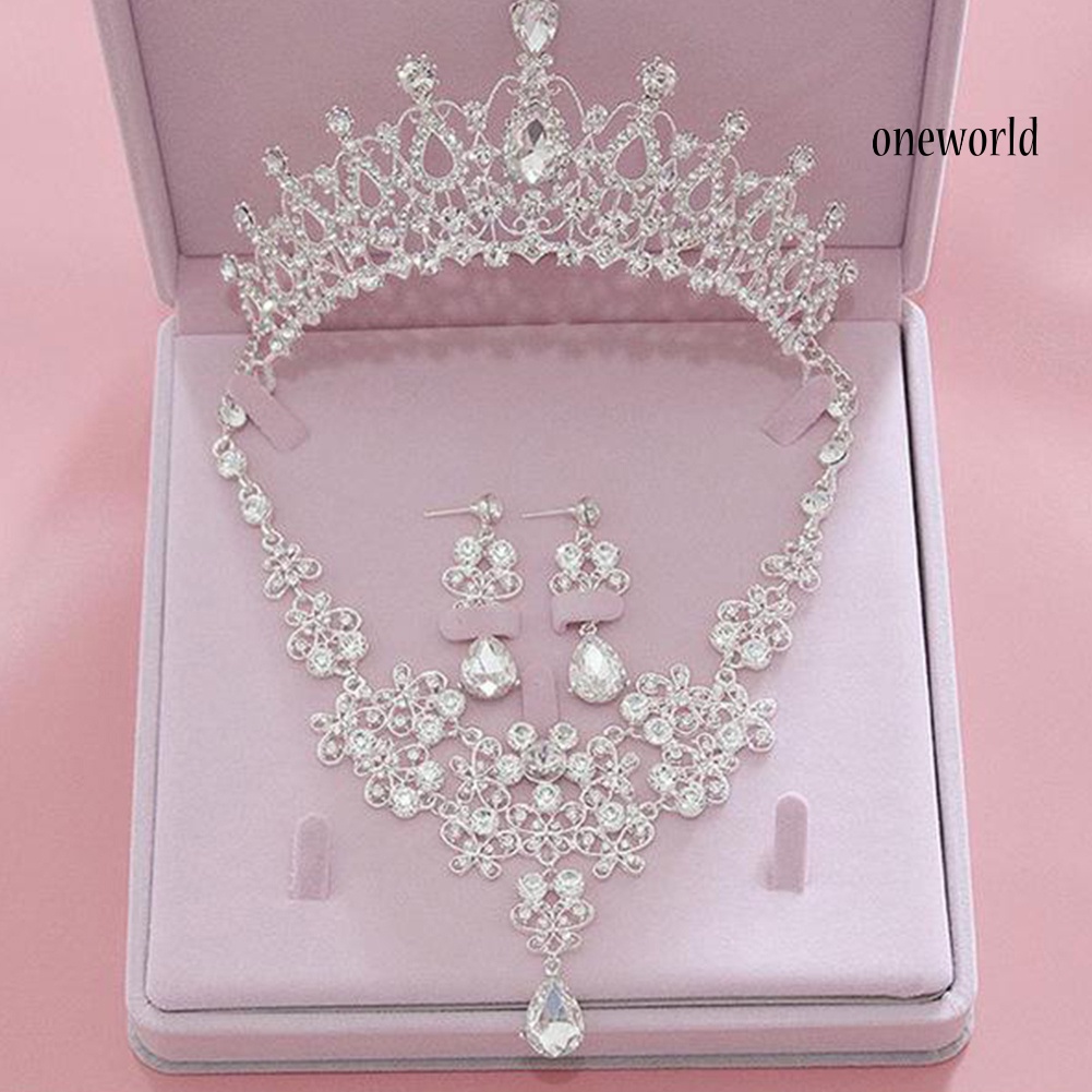 OW@ 3Pcs/Set Rhinestone Butterfly Necklace Crown Earring Bridal Wedding Jewelry Gift