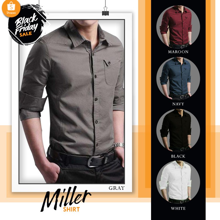 HEM MILLER KEMEJA POLOS PRIA LENGAN PANJANG SLIMFIT KEMEJA KERJA FORMAL COWOK WARNA WHITE NAVY BLACK