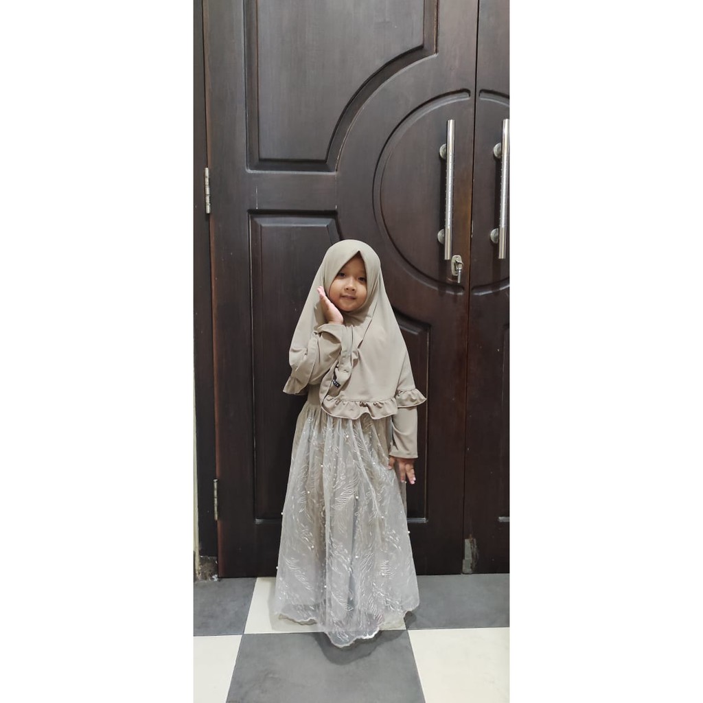 Gamis Anak Tulle (Free Mini Gold) Set Hijab Cream Fashion Muslim Anak by Shanie Kids