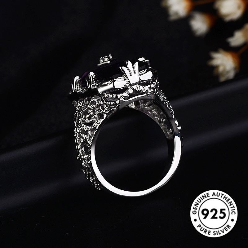 Cincin Bentuk Persegi Panjang Model Hollow Bahan S925 Silver Untuk Wanita