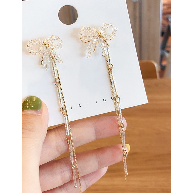LRC Anting Tusuk Fashion Gold 925 Silver Needle Bow Chain Tassel Earrings F88954