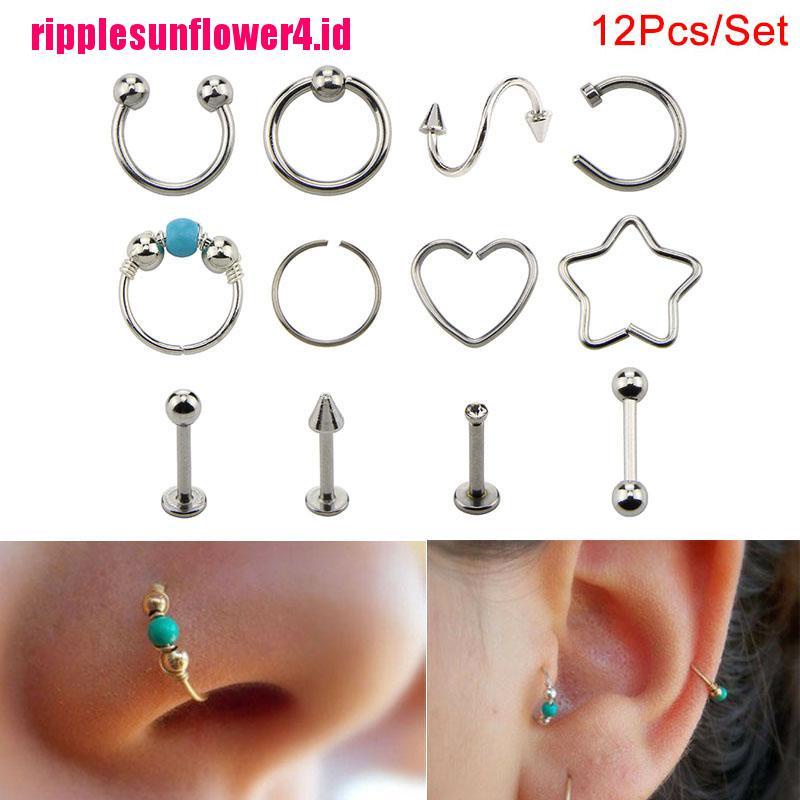 12 Pcs / Set Anting Tindik Hidung Telinga Tulang Rawan Tubuh