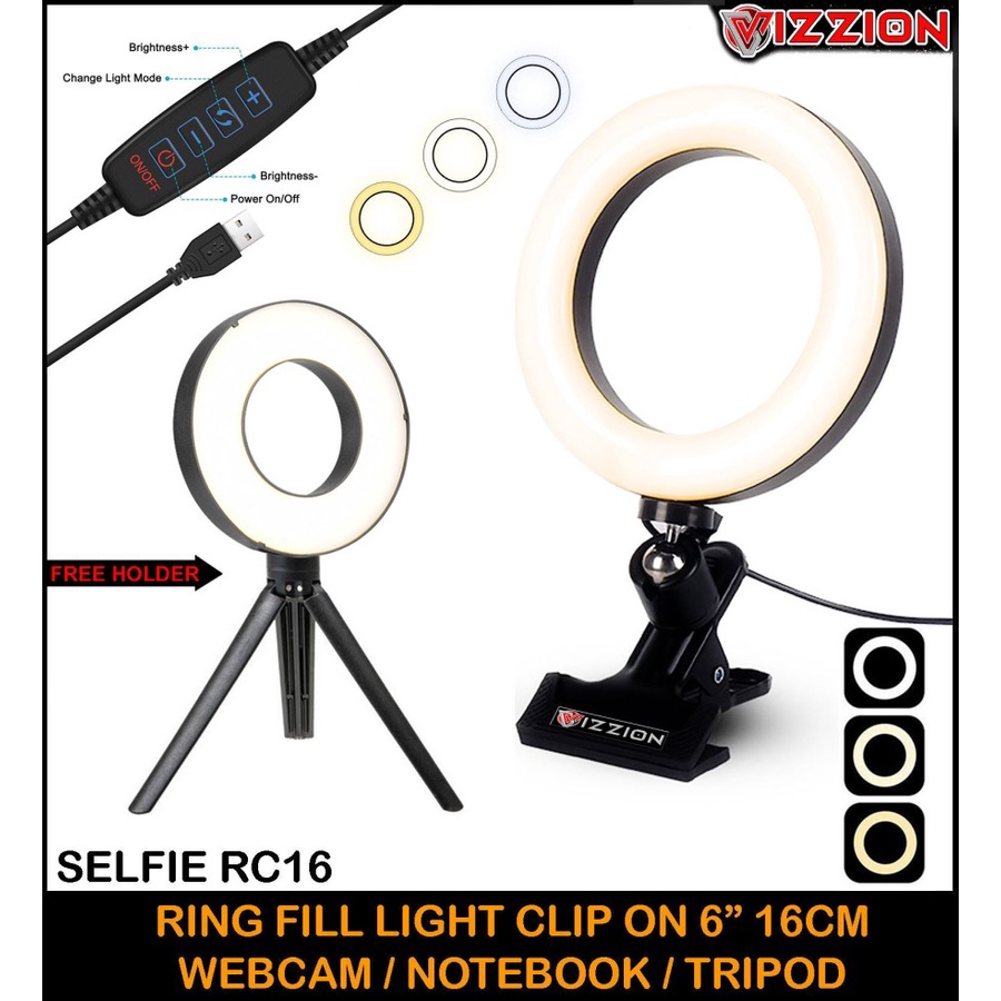 Ring Light Clip On Dimmable Lampu Selfie Ring 6&quot; inch VIZZION R16