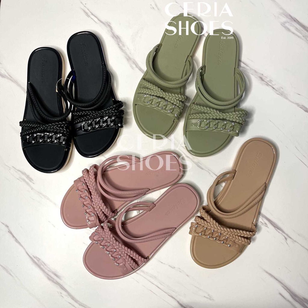 BALANCE Sandal Jelly Teplek Tali Wanita Motif Rantai Mutiara Bahan Karet Elastis 1205