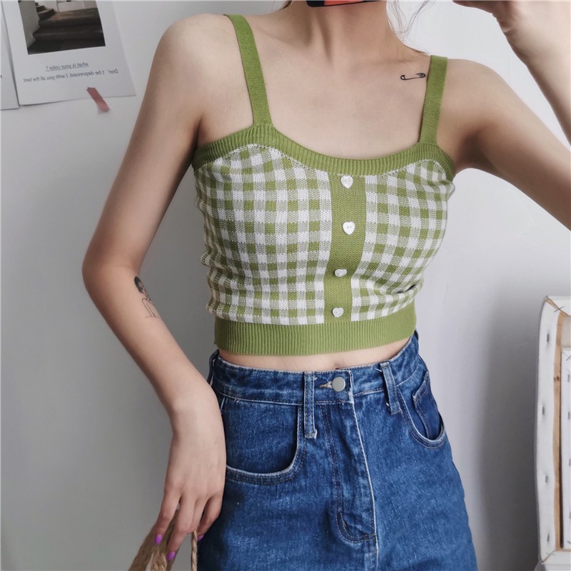 Jual Korean Square Knit Crop Tank Top Wanita Motif Kotak Kotak C Indonesia Shopee Indonesia