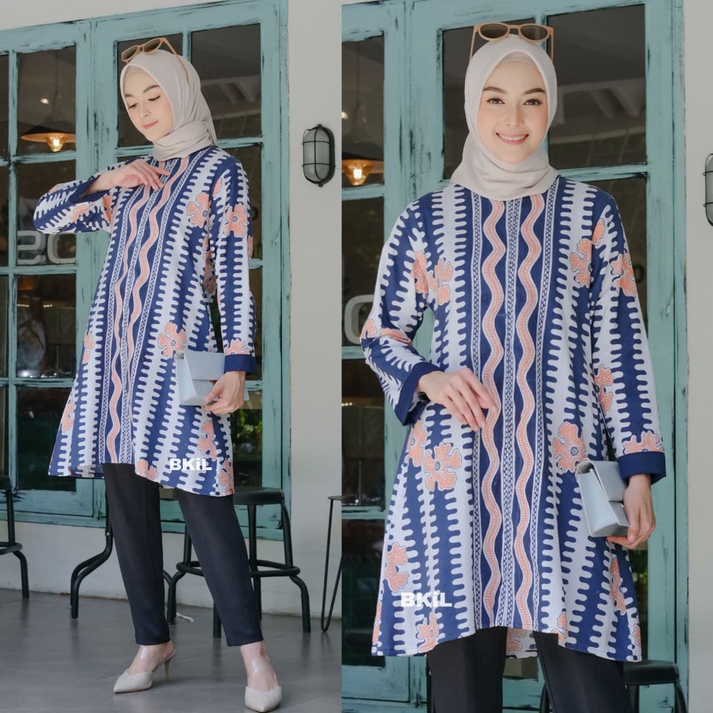 TUNIK ATASAN BATIK WANITA LENGAN PANJANG BAJU SERAGAM MURAH KOMBINASI MOSCREPE MODEL TERKINI TERBARU
