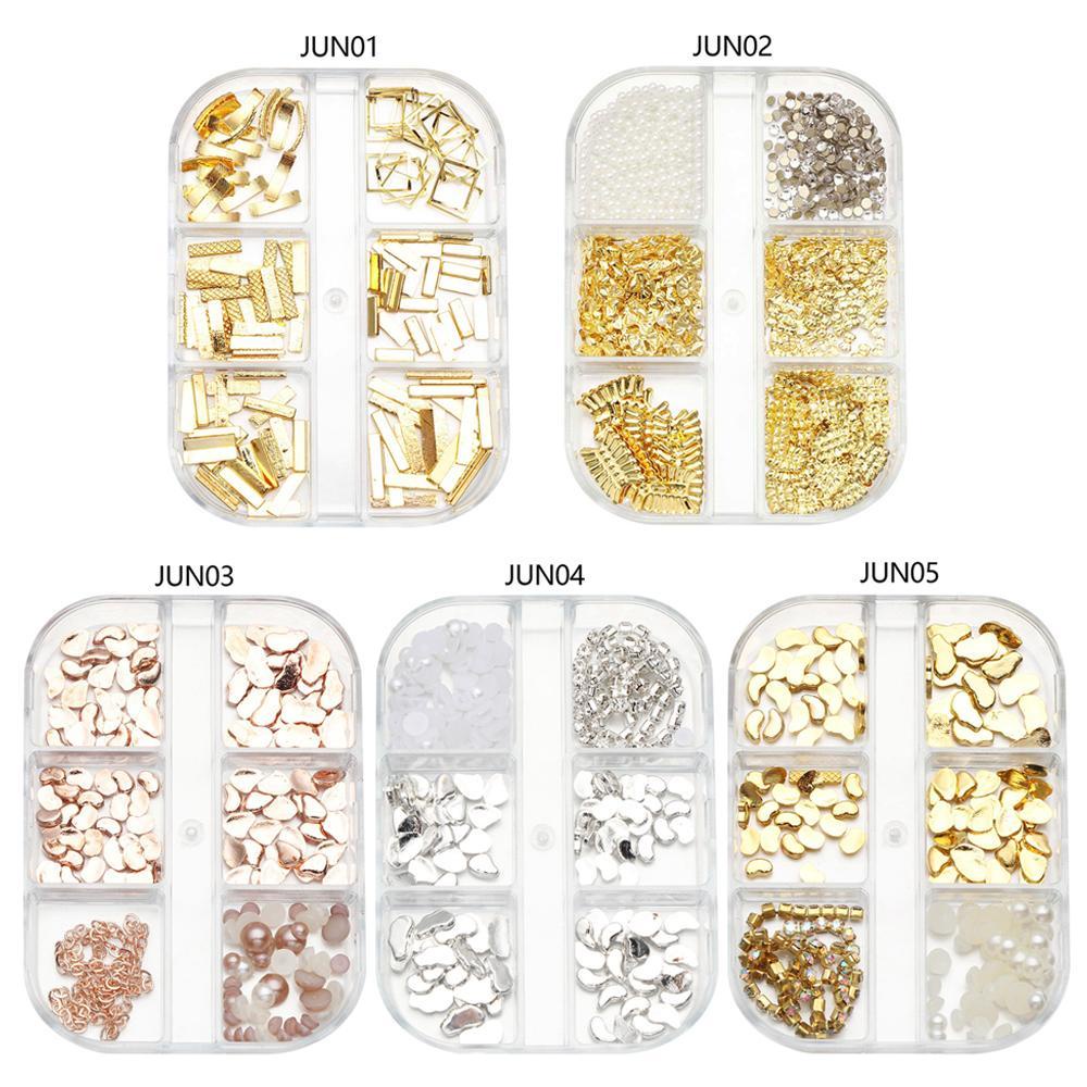 Solighter 6kisi Kuku Logam DIY Manicure Campuran 3D Glitter Perhiasan Nail Art Dekorasi