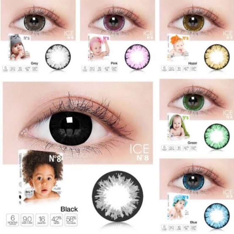 Softlens diameter besar ice N°8 |soflen warna minus gede | softlen hitam coklat abu biru hijau pink
