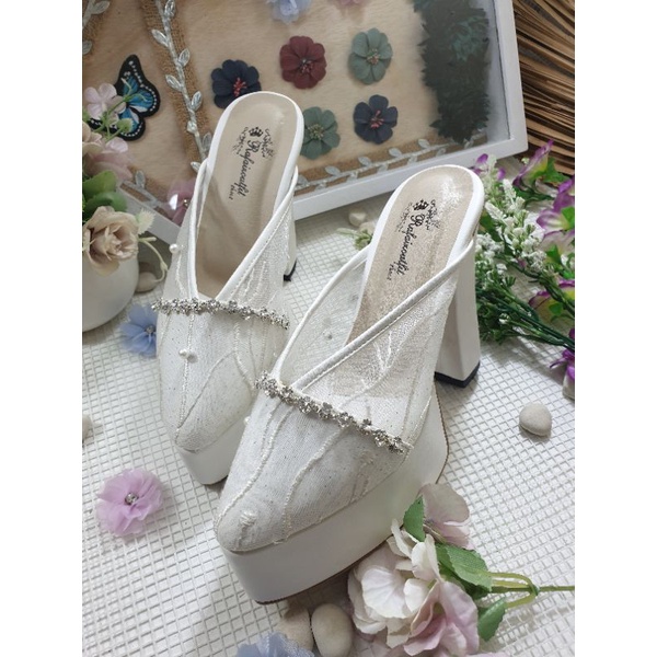 sepatu wedding wanita annesha putih motif akar 12cm