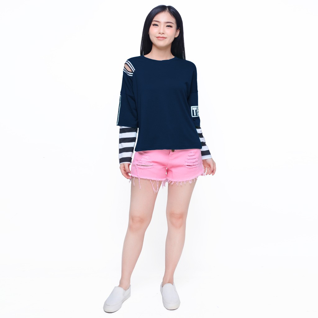 Kaos Lengan Panjang Gaya Korea Wanita Kombinasi salur - XSHOP Murni