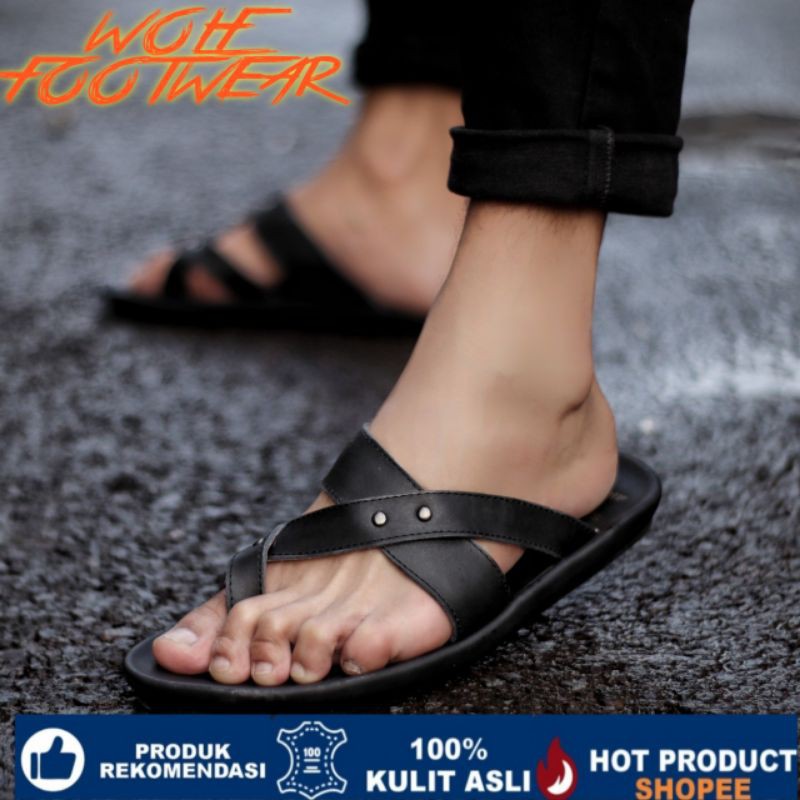 WIROS BLACK Sandal pria kulit asli cevany original handmade sandal jepit kulit pria bisa COD