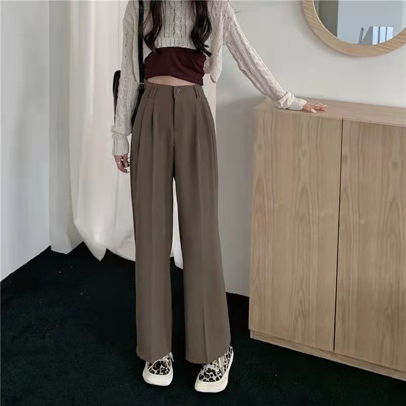 [chaoo.id]Celana panjang lurus pinggang tinggi wanita Korea warna solid celana setelan longgar kasual/celana kulot wanita korean style loose highwait/celana wanita terbaru/straight pants/celana panjang wanita celana bahan