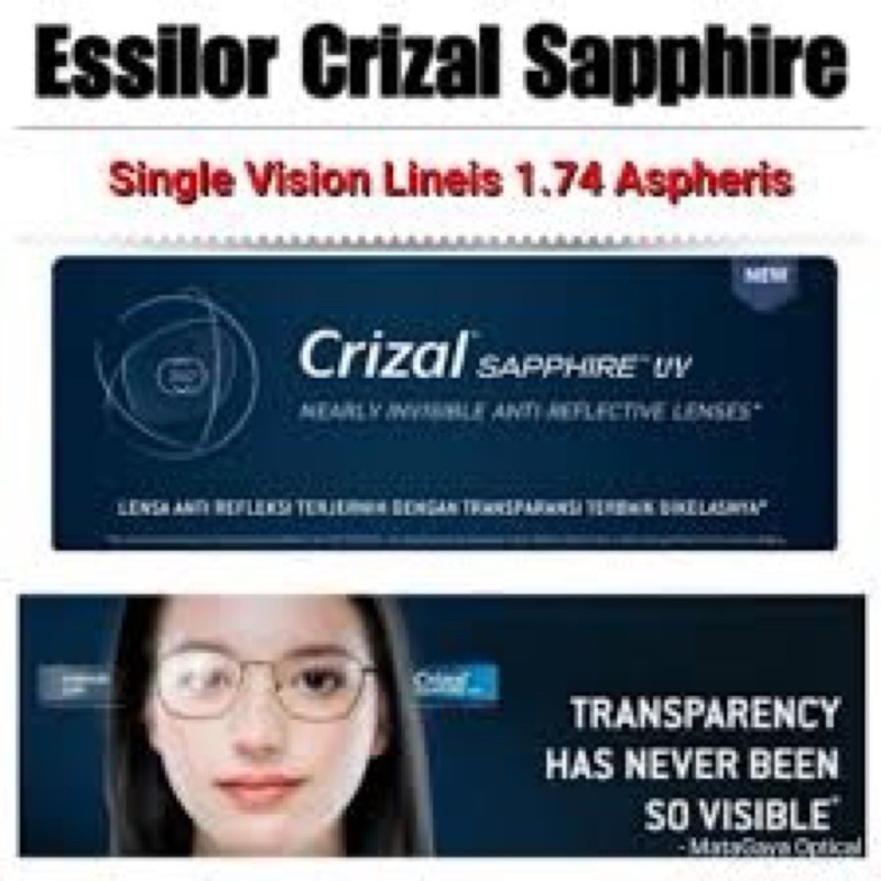 Lensa Essilor Crizal Sapphire 1.74 high index Original