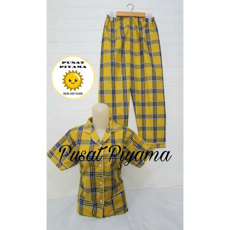 Setelan Lengan Pendek Piyama Baju Tidur Wanita Guilen Kotak Pajamas Cewek Dewasa Kekinian Abg-L OSLIN Pndek Kuning
