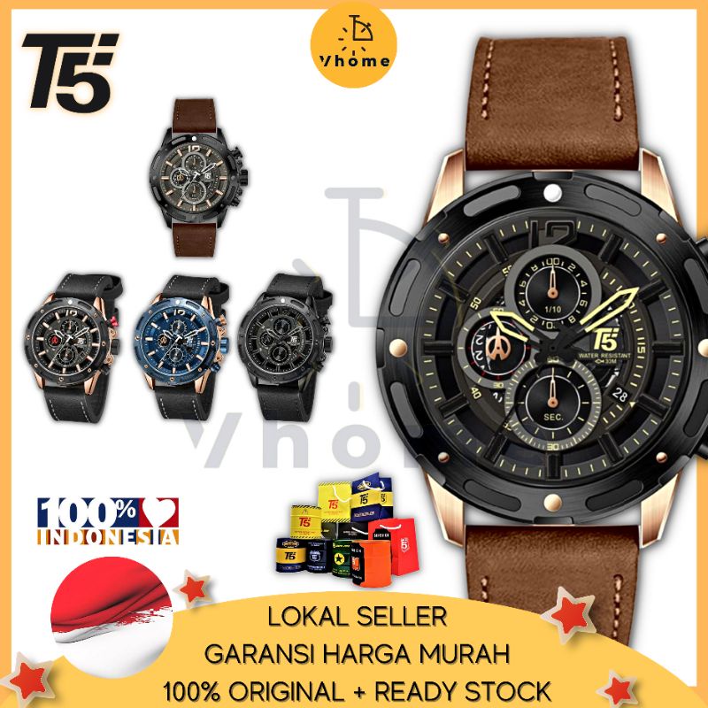 Vhome - Jam Tangan Pria T5 Original Chronograph  Kulit/Leather Waterproof + Exclusive Box & Paper Ba