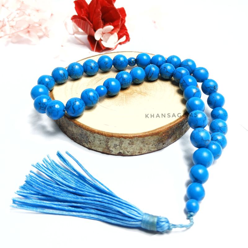 Tasbih batu natural pirus biru shanghai diameter 10 mm lebih besar isi 33 butir Aksesories Keagamaan Ibadah Sholat Dzikir Fashion Muslim