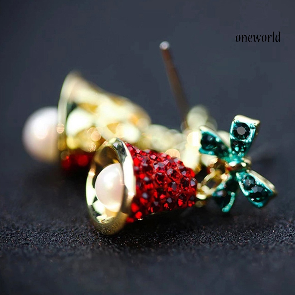 OW# Women Rhinestone Wind Chime Bell Bow Faux Pearl Stud Earrings Xmas Jewelry Gift