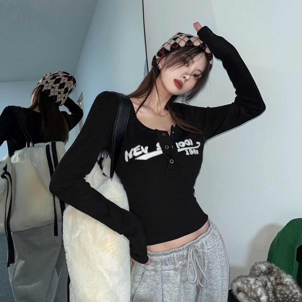 Suhao Spice Girl Knitwear Pakaian Dalam Wanita Musim Semi Baru Slim Pendek Dalam Lengan Panjang Atasan