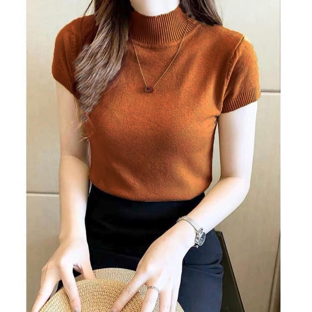 Atasan Rajut Wanita Turtleneck - Kerah Tinggi Lengan Pendek - Knit Premium