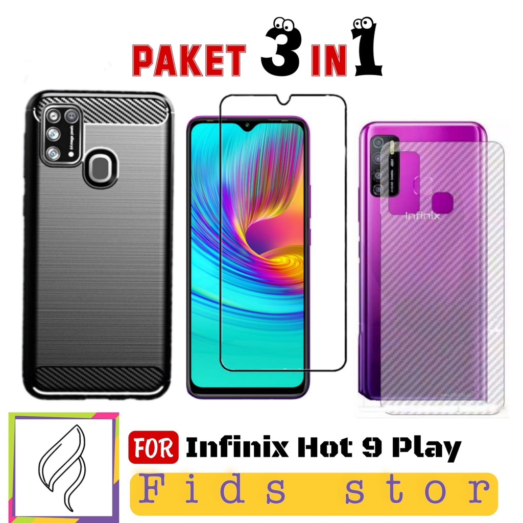 PROMO 3in1 Case Ipaky Carbon INFINIX Hot 9 Play &amp; Tempered Glass Layar Free Garskin Carbon