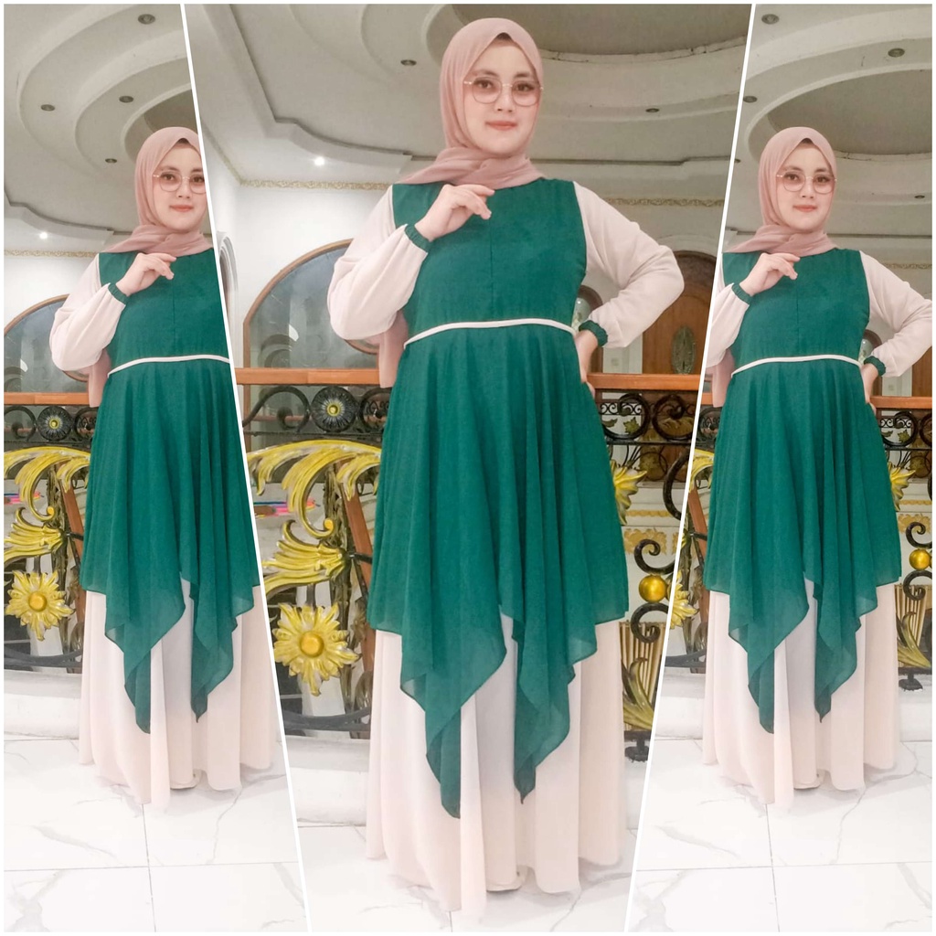 gamis ceruty rempel kombinasi /gamis syarii ceruty bebydoll umpak /gamis ceruty susun terbaru/abaya modern