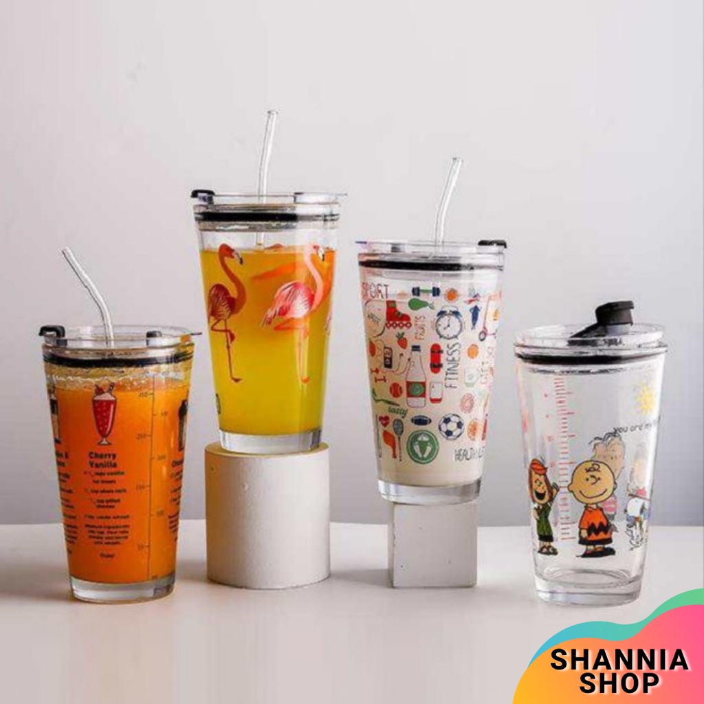 Tumbler Gelas Kaca Motif Animal + Sedotan kaca Ware Cup 450ml / Gelas Beling H482