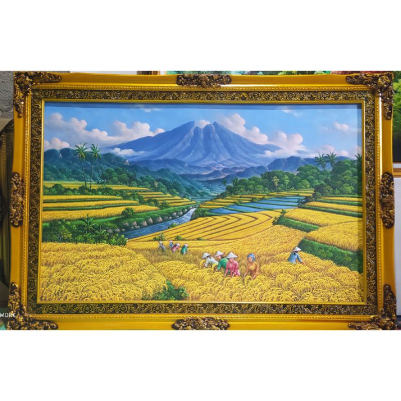 lukisan panen padi timbul lukisan asli kanvas bukan print atau cetakan