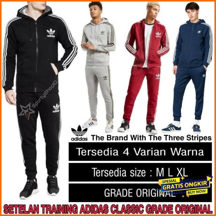 setelan jaket celana training adidas classic hitam - grade original