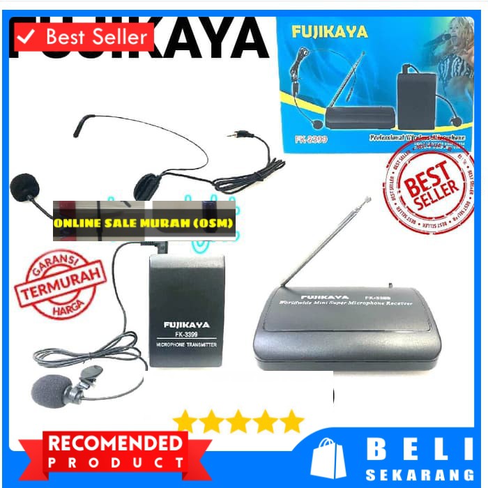 Original fujikaya Mic Wireless Single headset bando mik wireles pro karaoke mikrophone microphone audio sound vokal vocal professional panggung dj studio  ORIGINAL 100% GARANSI 1 TAHUN Microphone Wireless Single.  Mic Wireless FUJIKAYA FK-3399 Headset+Jep