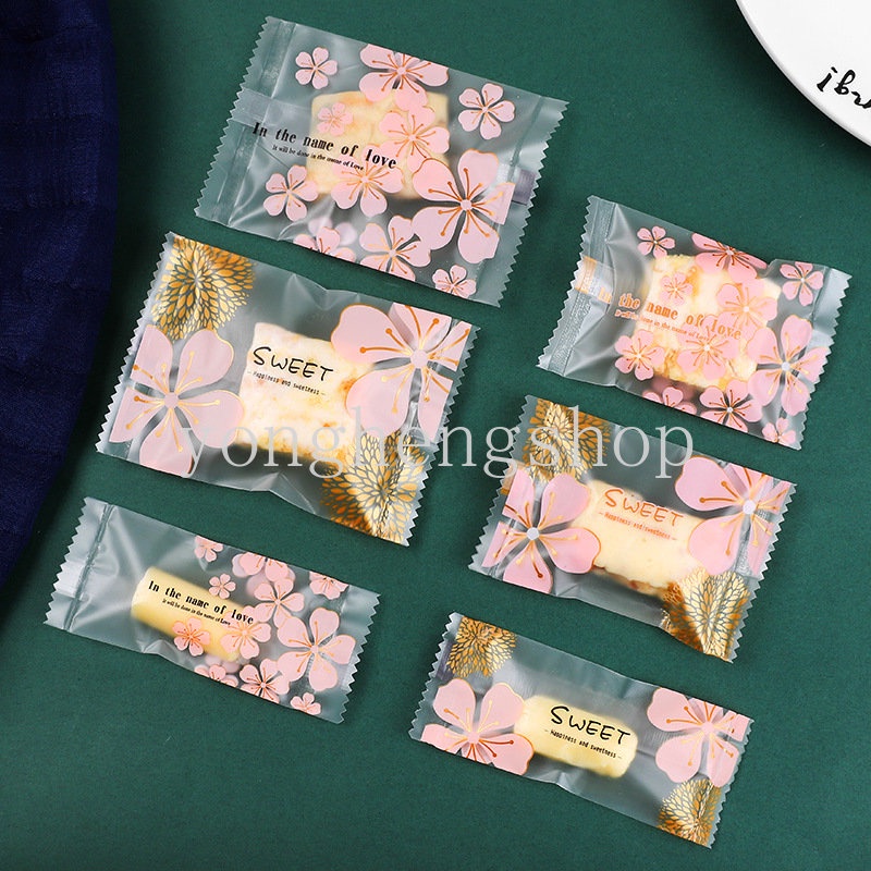 100 / 200pcs Kantong Plastik Kemasan Permen / Biskuit / Kue Kering Handmade DIY Motif Bunga Sakura Untuk Pesta