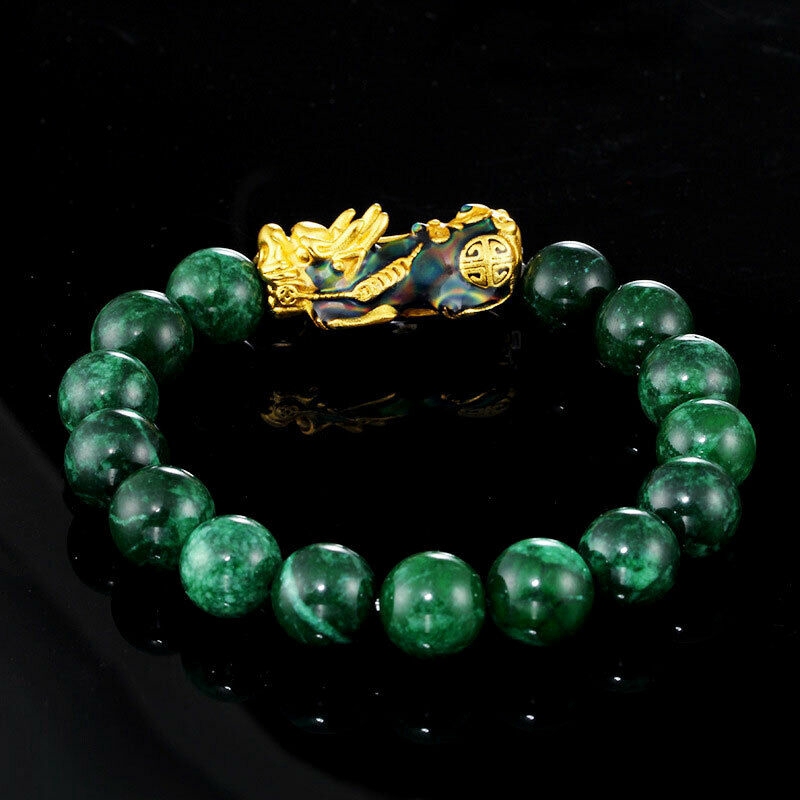 Lucky Feng Shui Mantra Amulet Obsidian Carved Pixiu Green Bracelet Jewelry