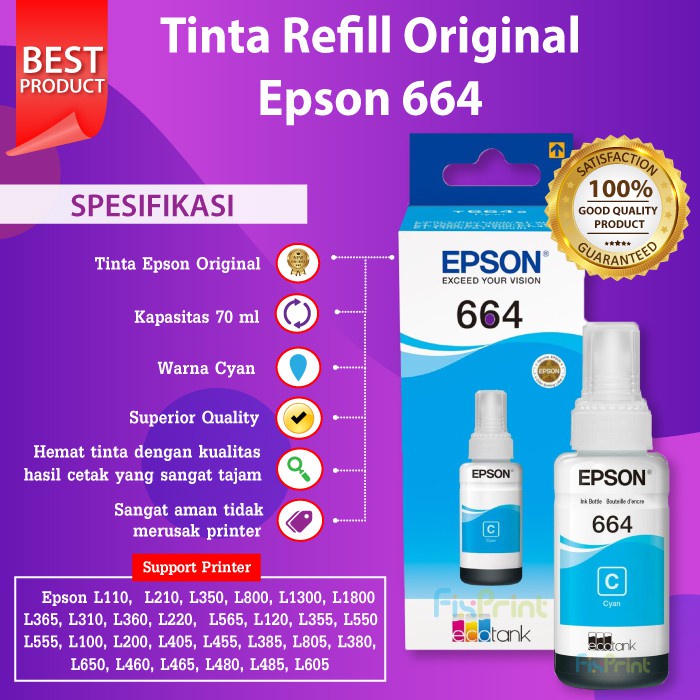 Tinta Epson Original 664 T664 Refill Printer L110 L120 L210 L220 L300 L310 L350 L355 L360 L365 L380