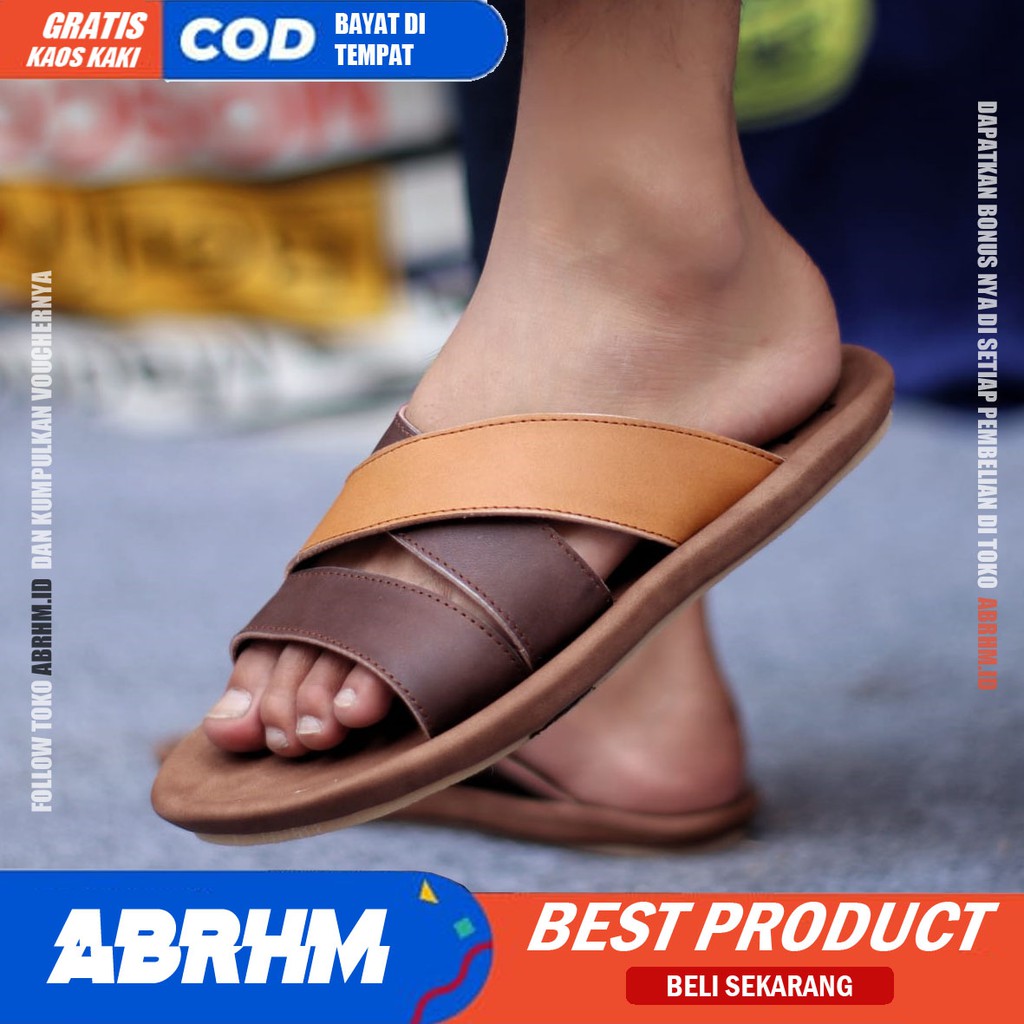 ABRHM X POLET Sandal Slide Pria Sandal Slop Pria Kulit Asli Sendal Selop Cowok / Cowo Ori Kekinian