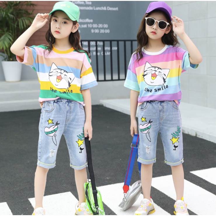 babyfit NUNOO CAT baju setelan anak perempuan celana jeans dengan blus