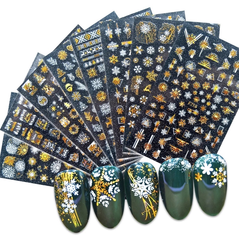 1 Sheet Pack  3D Christmas Gold Silver Snowflakes Nail Foils / 3D Self-Adhesive Tree Bells Elk Snowflake Paper Nails Stickers / Manicure Art Decorations / DIY Nail Decor Tools