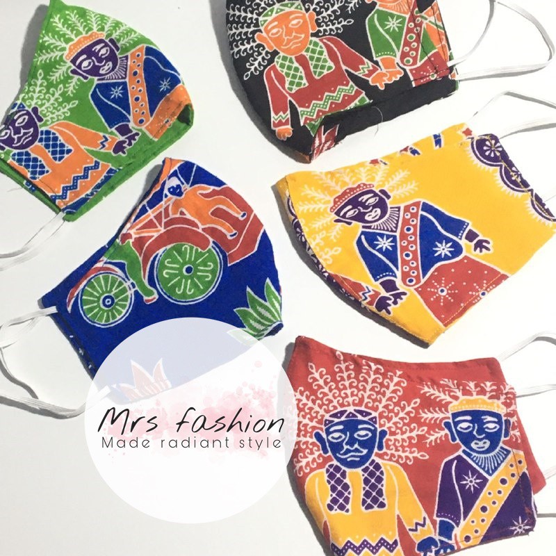 masker kain dua lapis duckbill earloop motif ondel ondel