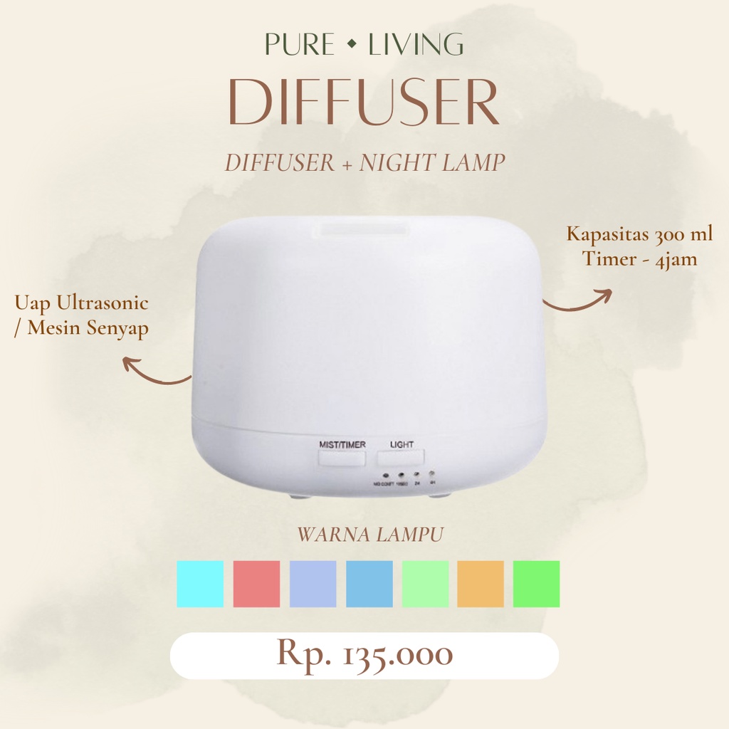 Pure Living Diffuser + Night Lamp 300ML Capacity - Essential Oil Diffuser