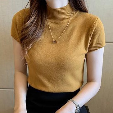 worldshop - Atasan Rajut Wanita Turtleneck - Kerah Tinggi Lengan Pendek - Knit Premium-Mustard