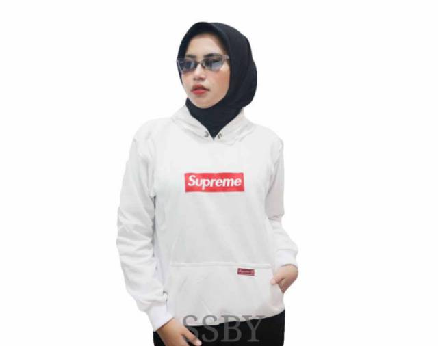 Jaket hoodie switer supreme cewek wanita logo bordir pink nevy hitam putih abu