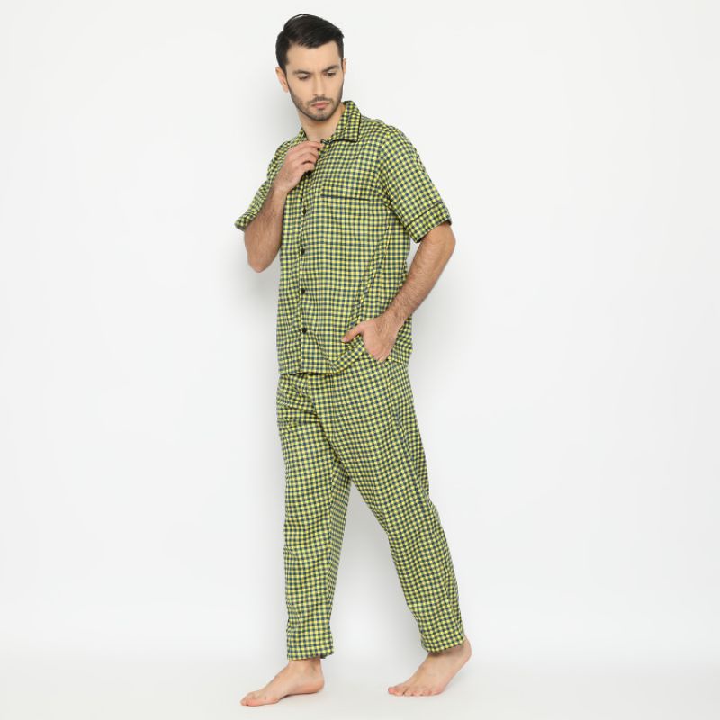 HANA SLEEPWEAR PIYAMA / BAJU TIDUR PRIA / WANITA ( COUPLE )  100 % COTTON-Yellow Blue Gingh