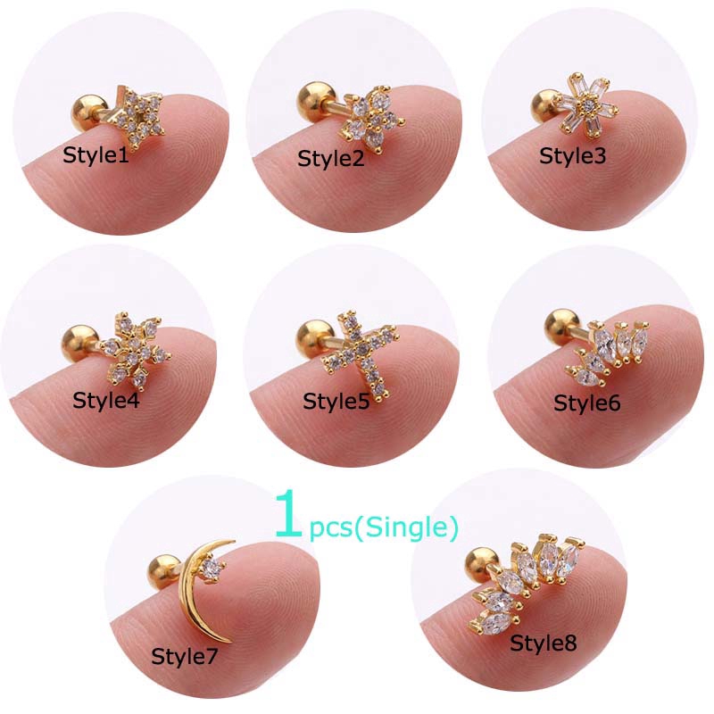 1piece Copper Zircon Earrings Tragus Helix  Piercing 16G