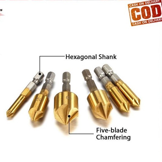 Mata Bor Countersink Set 6 pcs HSS Gold Drill Bit Countershink 6-19mm 1/4 Hex Bit Chamfer Plat Kayu