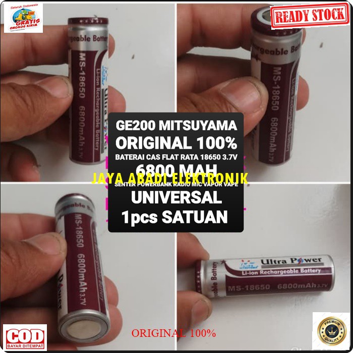 G200 Mitsuyama original 3.7v volt Baterai 18650 FLAT RATA mah battery batere batery batu batere cas casan charger senter police ultra power powerbank 6800 satuan universal multi speaker mik mic G200  Harga SATUAN BKN SEPASANG  Dimensi baterai panjang