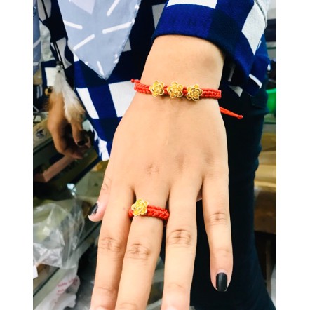 Satu set gelang dan cincin wanita / gelang rajut bunga lapis emas / replika emas / gelang