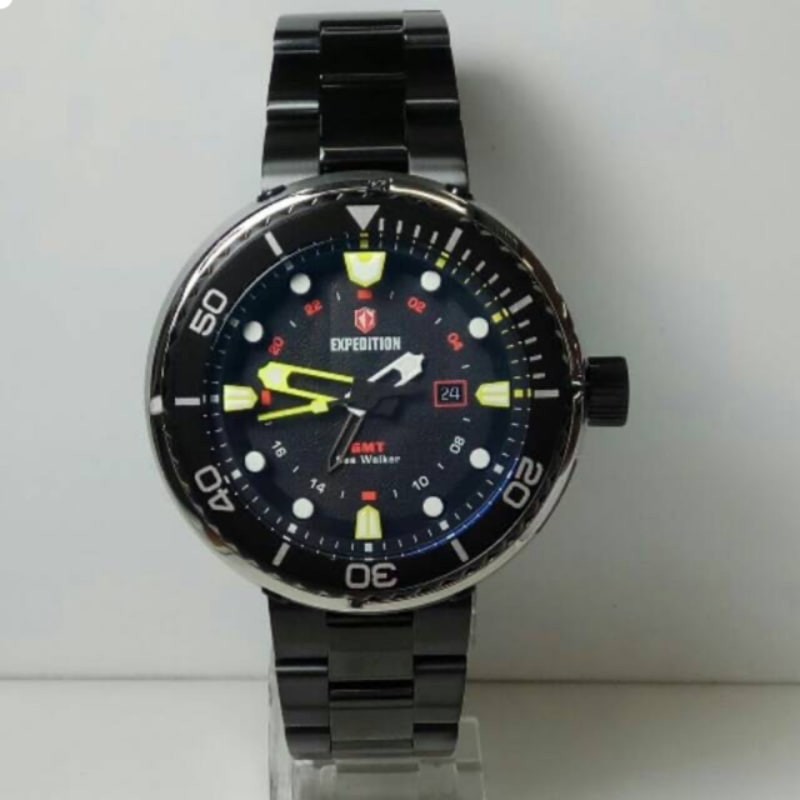 Jam Tangan Expedition Cowok Pria E6727 GMT Sea Walker Diver Diving 200 Meter Black Silver