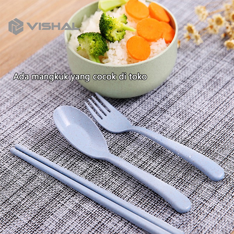 VISHAL 4 pcs Wheat straw Travel Cutlery Set Portabel Alat Makan Sendok Garpu Sumpit Chopsticks VS-23