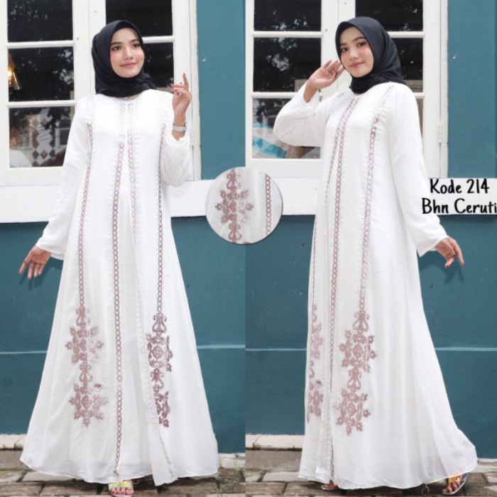 Baju Gamis Putih Wanita Brukat Baju Lebaran Umroh Haji Busana