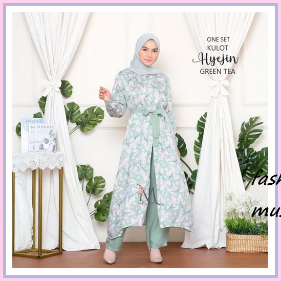 Tunik Bunga Katun Import One Set Tunik Rayon Kulot Hyejin (Green Tea)